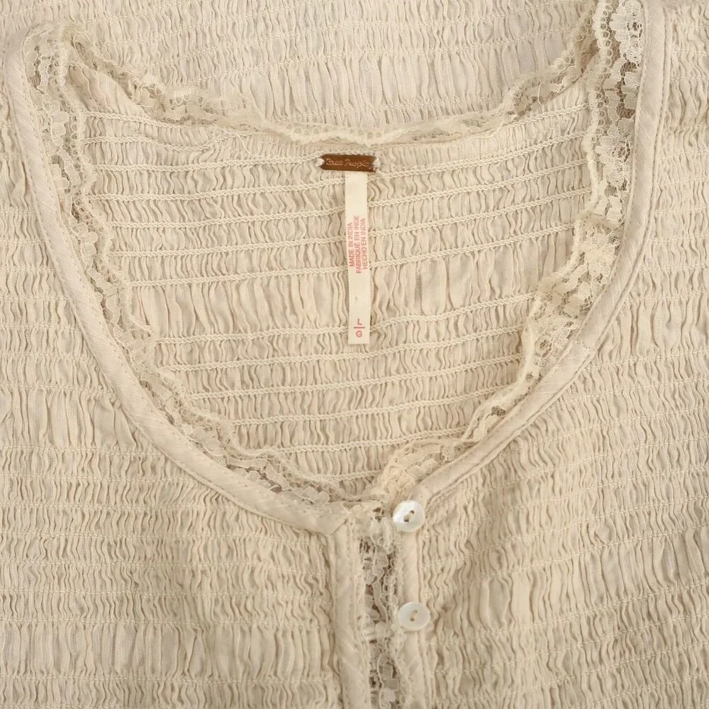 Free people Women's Smocked Solid  Blouse Tank Top Lace Boho Cotton L 288881